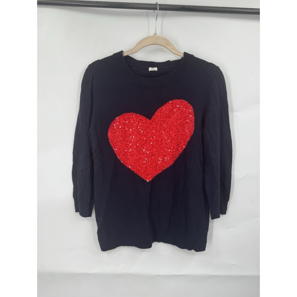 Jcrew Sweater Womens Small Navy Merino‎ Wool Blend Sequin Heart Long Sleeve Y2K